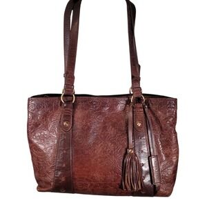 Diba True Floral Embossed‎ Leather Large Shoulder Bag Brown Boho Tooled Tassel